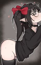 1girl absurdres ass bent_over black_hair black_shirt black_thighhighs blush bow choker ear_blush glasses gradient_background hair_bow heart highres implied_fellatio indie_virtual_youtuber loli long_hair pointy_ears red_eyes rev_says_desu saliva shirt simple_background thighhighs throat_bulge twintails virtual_youtuber zlix0n