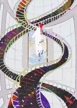 1girl braid braided_ponytail chainsaw_man dress floating floating_stairs highres makima_(chainsaw_man) medium_hair midair painting_(object) red_hair sensui_n sidelocks solo spiral_staircase stairs white_dress white_theme window