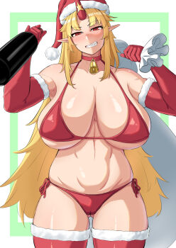 1girl bell bikini blonde_hair blush bottle breasts bunsuirei cape choker commentary_request cowboy_shot elbow_gloves fangs fur-trimmed_cape fur-trimmed_gloves fur-trimmed_thighhighs fur_trim gloves gluteal_fold grin hands_up hat head_tilt highres holding holding_bottle holding_sack horns hoshiguma_yuugi huge_breasts long_hair looking_at_viewer narrowed_eyes neck_bell nose_blush parted_bangs pointy_ears pom_pom_(clothes) red_bikini red_choker red_eyes red_gloves red_hat red_thighhighs sack santa_hat shiny_skin side-tie_bikini_bottom sidelocks single_horn smile solo standing swimsuit thighhighs touhou very_long_hair