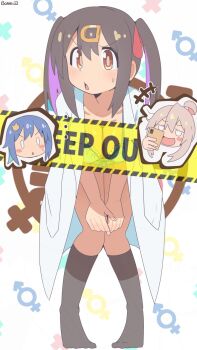 +++ ... 3girls ahoge artist_name bambi2000line bikini bikini_under_clothes black_hair blue_bikini blue_hair blush_stickers breasts caution_tape chibi chibi_inset cleavage commentary frilled_bikini frills grey_socks hair_between_eyes hair_ornament hairclip hands_on_own_knees highres lab_coat leaning_forward long_hair male-female_symbol medium_breasts multicolored_hair multiple_girls onii-chan_wa_oshimai! oyama_mahiro oyama_mihari pink_hair purple_hair siblings simple_background sisters socks swimsuit tenkawa_nayuta twintails two-tone_hair white_background