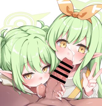 1boy 2girls bar_censor blue_archive censored commentary_request cooperative_fellatio cum fellatio ffm_threesome green_hair group_sex halo hetero highres hikari_(blue_archive) hikari_(mom&#039;s_touch)_(blue_archive) karaage3 looking_at_viewer multiple_girls nozomi_(blue_archive) nozomi_(mom&#039;s_touch)_(blue_archive) oral penis pointy_ears siblings sisters teamwork_(sexual) threesome twins white_background yellow_eyes