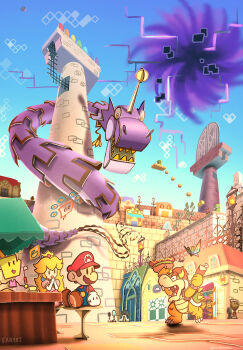 4girls 6+boys ?_block ^_^ arms_up artist_name beard black_hole blonde_hair blue_cloak blue_overalls blue_sky bowser brown_gloves brown_hair bug building butterfly cloak closed_eyes crown cup door dragon dress earrings eastern_dragon elbow_gloves facial_hair floating flying food gloves hands_up hat highres holding holding_food holding_ladle hood hood_up hot_dog house howzit in-universe_location insect jewelry ladle long_beard looking_at_another looking_back maribou_(supermaribou) mario mario_(series) megabite_(mario) merlon_(mario) multiple_boys multiple_girls mustache newsboy_cap nintendo on_stool open_mouth outdoors overalls paper_bowser paper_mario paper_mario_(character) paper_peach pillar pink_dress princess_peach radio_antenna red_hat red_shirt saffron_(mario) saucer sharp_teeth shirt shop short_hair sitting sky smile solid_oval_eyes squiglet standing stool super_paper_mario teacup teeth thoreau tippi_(paper_mario) twitter_username very_long_beard warp_pipe welderberg white_gloves white_hair wracktail yellow_eyes