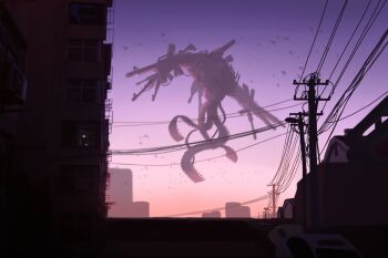 Rule 34 | 1other, absurdres, ammunition belt, assault rifle, bird, chainsaw man, china, city, gun, gun devil (chainsaw man), highres, monster, no humans, power lines, rifle, road, scenery, street, sun20021109, sunset, weapon