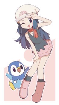 1girl 1other ;d absurdres beanie black_eyes black_shirt black_socks blue_eyes blue_hair blush boots border commentary dawn_(pokemon) english_commentary eyelashes full_body gen_4_pokemon hair_ornament hat highres kneehighs long_hair looking_at_viewer nintendo one_eye_closed open_mouth orenjipiiru outline outside_border pink_background pink_boots pink_skirt piplup poke_ball_print pokemon pokemon_(anime) pokemon_(creature) pokemon_dppt_(anime) red_scarf scarf shirt skirt sleeveless smile socks spread_wings standing two-tone_background white_background white_border white_hat white_outline