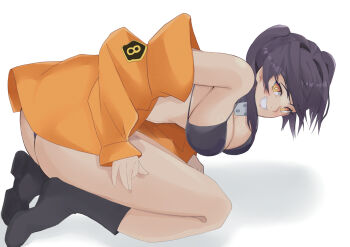 1girl angolmois0412 ass bent_over bikini black_bikini black_boots black_hair boots breasts en'en_no_shouboutai eyelashes female_focus from_side full_body grin jacket jacket_partially_removed large_breasts looking_at_viewer looking_to_the_side medium_hair orange_jacket seiza simple_background sitting smile smug solo straight-on swimsuit tamaki_kotatsu teeth turning_head twintails white_background yellow_eyes