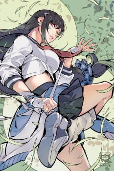 1girl bandaged_hand bandages bandaid bandaid_on_cheek bandaid_on_face black_hair blue_sailor_collar blue_scrunchie blue_skirt breasts commentary cropped_shirt ear_piercing earrings falling_leaves final_fantasy final_fantasy_vii final_fantasy_vii_ever_crisis foot_out_of_frame foot_up hair_ornament hair_scrunchie hairclip highres holding_bandages ippus jewelry large_breasts leaf lips long_hair looking_at_viewer loose_socks low-tied_long_hair miniskirt neckerchief official_alternate_costume one_eye_closed parted_lips piercing pink_lips pleated_skirt red_eyes red_neckerchief sailor_collar school_uniform scrunchie serafuku signature skirt socks solo symbol-only_commentary tifa_lockhart tifa_lockhart_(midgard_seventh_high_school) twitter_username white_serafuku white_socks