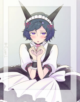1boy alternate_costume animal_ears apron black_hair blush cat_ears dress enmaided fake_animal_ears frilled_apron frills hair_ornament heart heart_hands highres looking_at_viewer maid maid_apron maid_headdress male_focus mayqueen_maid_uniform open_mouth puffy_short_sleeves puffy_sleeves purple_eyes r0_wen_l science_adventure short_hair short_sleeves skull_hair_ornament solo steins;gate tail tongue trap urushibara_luka white_apron wrist_cuffs