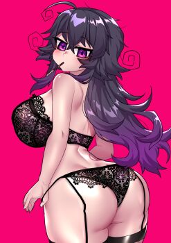 1girl absurdres ahoge arched_back ass back black_bra black_panties blush bra breasts crawling_dreams curvy food food_in_mouth garter_straps highres huge_breasts large_breasts lingerie long_hair looking_at_viewer looking_to_the_side magenta_background messy_hair multicolored_hair nyarla_(osiimi) osiimi panties pink_background pocky purple_eyes purple_hair simple_background thick_thighs thighs underwear undressing wide_hips