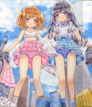 2girls absurdres ahoge besanten black_hair blue_eyes blue_panties blue_skirt blue_sky blush brown_hair building butterfly_hair_ornament cloud cloudy_sky commentary_request crotch_seam day from_below giant giantess hair_ornament highres holding holding_unworn_clothes layered_skirt loli long_hair looking_at_viewer looking_down marker_(medium) medium_hair multiple_girls original outdoors panties parted_lips pink_hair pink_panties pink_skirt plaid_clothes plaid_skirt scan scan_artifacts shirt shoes short_sleeves shorts skirt sky skyscraper sneakers socks sports_bra standing thigh_strap tokyo_skytree traditional_media two_side_up underwear unworn_shoes unworn_shorts upskirt white_shirt white_socks white_sports_bra