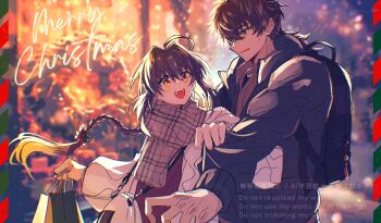 1boy 1other ahoge backpack bag black_jacket blue_eyes braid christmas collared_shirt contemporary down_jacket fate/samurai_remnant fate_(series) hair_over_one_eye highres holding holding_bag jacket long_braid long_sleeves low_ponytail merry_christmas miyamoto_iori_(fate) open_mouth orange_eyes other_with_male plaid_clothes plaid_scarf ponytail ruko072 scarf shirt shopping_bag shoulder_bag sidelocks single_braid sweat watermark white_jacket yamato_takeru_(fate)