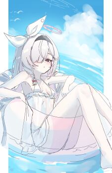 1girl absurdres alternate_costume black_eyes black_hairband blue_archive blush braid breasts casual_one-piece_swimsuit commentary_request feet_out_of_frame hair_over_one_eye hair_ribbon hairband halo highres innertube long_hair looking_at_viewer ocean on_innertube one-piece_swimsuit one_eye_covered parted_bangs parted_lips pink_halo plana_(blue_archive) ribbon single_braid small_breasts solo swim_ring swimsuit water white_hair white_one-piece_swimsuit white_ribbon yu_o015
