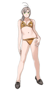 Rule 34 | 1girl, absurdres, antenna hair, bikini, black shoes, breasts, cleavage, closed mouth, commentary request, full body, gold bikini, green eyes, grey hair, hair over shoulder, highres, kantai collection, kinugasa (kancolle), loafers, medium breasts, ojipon, shoes, simple background, solo, standing, swimsuit, white background