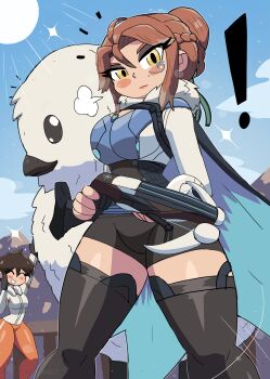 ! 2girls absurdres animal armor bike_shorts bird black_cape black_gloves blizzard_(company) blue_armor blush bow_(weapon) braid breasts breath brown_hair brown_shorts brown_thighhighs cape cat_thighhighs cleavage closed_eyes cloud corset crossbow crown_braid facial_mark freja_(overwatch) gloves green_ribbon grin hair_bun hair_ribbon highres holding holding_crossbow holding_weapon large_breasts light_rays long_sleeves looking_at_viewer mountain multiple_girls orange_pants overwatch pants puff_of_air ribbon shirt short_hair shorts sky smile sparkle standing sun sunbeam sunlight teeth thick_thighs thighhighs thighs tony_welt tracer_(overwatch) weapon white_shirt wide_hips yellow_eyes