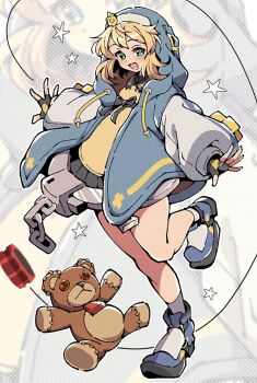 1boy androgyne_symbol black_gloves blonde_hair blue_jacket blue_shoes bridget_(guilty_gear) double-parted_bangs fingerless_gloves full_body gloves green_eyes guilty_gear guilty_gear_strive highres hood hood_up hooded_jacket itsuka_neru jacket long_sleeves looking_at_viewer male_focus open_clothes open_jacket open_mouth outstretched_arms roger_(guilty_gear) shoes short_hair smile star_(symbol) stuffed_animal stuffed_toy teddy_bear trap white_background yo-yo