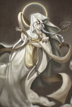 Rule 34 | 1girl, ceeza, chinese clothes, colored skin, commentary, cookie run, cookie run: kingdom, diamond (gemstone), english commentary, highres, long sleeves, mystic flour cookie, pale skin, robe, solo, veil, white hair, white robe, white skin, white veil, wide sleeves