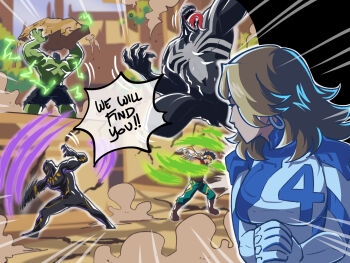 Rule 34 | avengers (series), black panther (marvel), blonde hair, blue bodysuit, blue eyes, bodysuit, breasts, earrings, fantastic four, highres, hulk, iron fist (marvel), jewelry, lin lie (marvel), long hair, long tongue, marvel, marvel rivals, monster boy, multicolored bodysuit, muscular, muscular male, rock, sharp teeth, spider-man (series), sue storm, superhero costume, symbiote, teeth, tina fate, tongue, two-tone bodysuit, venom (marvel), very long tongue