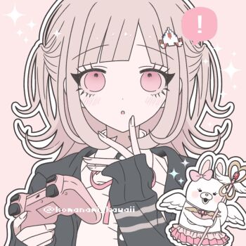 Rule 34 | !, 1girl, :o, alternate hairstyle, black jacket, black shirt, blush, bow, collared shirt, commentary request, controller, danganronpa (series), danganronpa 2: goodbye despair, ear bow, flipped hair, game controller, hair ornament, hands up, holding, holding controller, holding game controller, holding staff, jacket, komanami kawaii, long sleeves, nanami chiaki, neck ribbon, open clothes, open jacket, outline, pink eyes, pink ribbon, ribbon, shirt, sleeves past wrists, smile, solo, staff, two-tone shirt, usami (danganronpa), white outline, white shirt, wings
