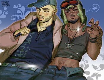 2boys antonio_leon_mars_(skcd_loen) arm_tattoo artist_logo baseball_cap bead_necklace beads beard_stubble belt black_nails blonde_hair blue_background blue_shirt bracelet bridge_piercing chest_hair chest_tattoo claw_pose closed_eyes colin_jones_(skcd_loen) commentary cowboy_shot denim denim_headwear drawn_star english_commentary eyebrow_cut face_piercing facial_hair flourish_(design) frutiger_metro goatee goggles goggles_on_headwear gradient_background green_eyes green_hat grey_tank_top half-closed_eyes halftone halftone_background hashtag-only_commentary hat henley_shirt holding holding_microphone hood hood_down hoodie jeans jewelry logo looking_at_viewer lower_teeth_only male_focus male_pubic_hair microphone midriff multiple_boys multiple_bracelets music mustache_stubble navel necklace one_eye_closed open_clothes open_fly open_hoodie open_mouth orange-tinted_eyewear original outer_glow outline pants parted_lips piercing plug_(piercing) polo_shirt pubic_hair raised_eyebrow shell shell_necklace shirt singing skcd_loen skull_necklace sparkle speech_bubble star_(symbol) star_tattoo stubble tan tank_top tattoo teeth thick_lips tinted_eyewear ushanka white_background white_belt white_hoodie white_outline y2k_fashion