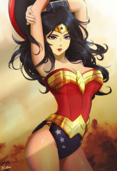1girl artist_name bare_shoulders black_hair blue_eyes breasts dc_comics esther_shen long_hair shield solo tiara wonder_woman wonder_woman_(series)
