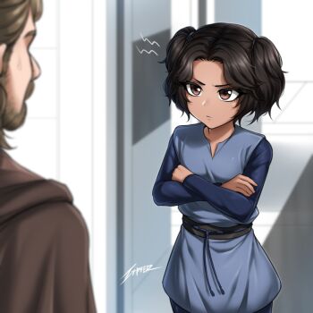 Rule 34 | 1boy, 1girl, aged down, anger vein, animification, beard, black hair, blue shirt, boba fett, brown eyes, brown hair, crossed arms, facial hair, genderswap, obi-wan kenobi, shirt, short hair, short twintails, star wars, star wars: attack of the clones, twintails, zxpfer