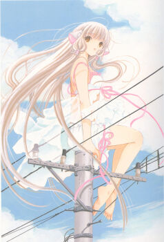 00s 1girl babydoll barefoot bloomers brown_eyes camisole chii chobits clamp cloud day female_focus from_below from_side full_body hair_tubes highres long_hair outdoors pink_ribbon pole power_lines ribbon robot_ears scan see-through_clothes sitting sky smile solo strap_slip underwear utility_pole very_long_hair wind