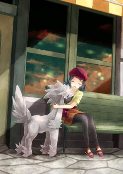 10s 1girl bag bench blue_hair closed_eyes female_focus furfrou furfrou_(natural) gen_6_pokemon hair_ornament hairclip hand_on_own_head handbag hat jessica_(pokemon) leggings nintendo no_socks open_mouth pokemon pokemon_(anime) pokemon_(creature) pokemon_xy short_hair sitting skirt smile solo yakka