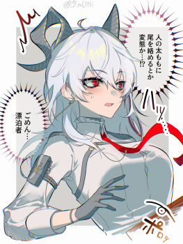 1girl ^^^ ahoge arm_pouch black_choker black_gloves black_horns blush border breasts chest_harness choker chromatic_aberration collared_shirt commentary_request curled_horns earrings gloves grey_background hair_between_eyes hand_up harness highres horns jewelry key_earrings long_hair looking_ahead medium_breasts mole mole_under_eye multicolored_hair mutii necktie open_mouth red_eyes red_necktie shirt solo streaked_hair translation_request twitter_username white_border white_shirt wuthering_waves zani_(wuthering_waves)