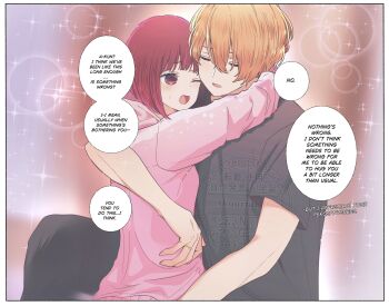 1boy 1girl arima_kana black_pants black_shirt blonde_hair blush bob_cut closed_eyes english_text highres hoshino_aquamarine inverted_bob long_sleeves medium_hair one_eye_closed open_mouth oshi_no_ko pants pink_hood red_eyes red_hair risdelusions shirt short_hair speech_bubble