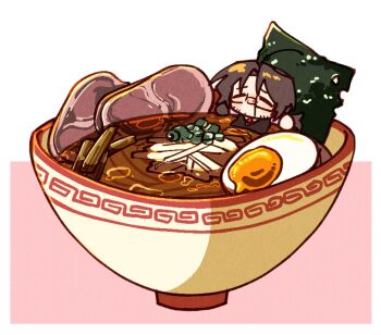 1boy ahoge bowl brown_hair chopped_spring_onion closed_eyes closed_mouth collared_shirt food gregor_(project_moon) happy highres in_food limbus_company liu_association_south_uniform long_hair low_ponytail nantekottawo!! necktie noodles nori_(seaweed) ponytail pork project_moon ramen red_necktie shirt smile softboiled_egg solo white_shirt