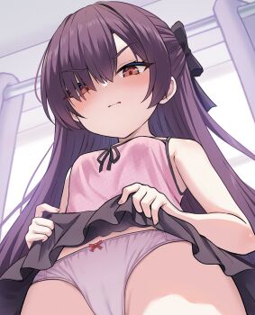 1girl black_hair black_skirt blush bow bow_panties brown_eyes cameltoe camisole closed_mouth clothes_lift commentary_request cowboy_shot eyes_visible_through_hair fingernails from_below hair_over_one_eye highres indoors lifting_own_clothes loli long_bangs long_hair looking_at_viewer looking_down milkshakework original panties parted_bangs pink_camisole pink_panties polka_dot_camisole skirt skirt_lift sleeveless solo underwear v-shaped_eyebrows