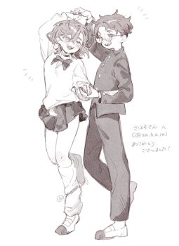 10matomat0 1boy 1girl ayase_momo black_jacket black_pants blush bow bowtie breasts choker collared_shirt couple crossed_bangs dancing dandadan earrings full_body gakuran glasses greyscale hair_between_eyes hetero highres holding_hands jacket jewelry loose_socks medium_breasts medium_hair monochrome open_mouth pants parted_bangs pleated_skirt round_eyewear school_uniform shirt shirt_under_sweater short_hair sketch skirt smile socks sweater takakura_ken_(dandadan) twitter_username white_background