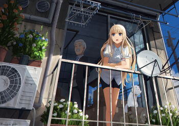 1boy 1girl absurdres against_railing air_conditioner artistic_error balcony black_pants blonde_hair blue_eyes box butler cardboard_box cat clothes_hanger condenser_unit day drink facial_hair feet_out_of_frame flower formal_clothes from_below from_outside grey_hair hanagami_gendai highres holding_carton leaning_forward long_hair looking_afar mustache necktie old old_man open_mouth original outdoors pants plant potted_plant power_lines radar_dish railing revision satellite_dish shirt short_sleeves shorts standing suit utility_pole white_shirt yojouhan