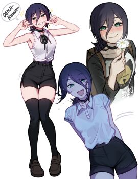 1girl black_choker black_hair black_ribbon black_shorts black_thighhighs blush blushyspicy breasts brown_shoes chainsaw_man choker collared_shirt english_text full_body green_eyes grin hair_between_eyes highres looking_at_viewer neck_ribbon purple_hair reze_(chainsaw_man) ribbon shirt shoes short_hair shorts simple_background sleeveless sleeveless_shirt smile standing teeth thighhighs white_shirt