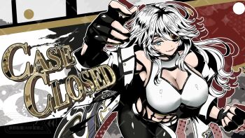 1girl abs belt black_gloves black_pants blue_eyes breasts cleavage cleavage_cutout clenched_hand clothing_cutout coat commentary_request commission cowboy_shot english_text eyepatch fingerless_gloves gloves hand_up highres kennymuseum large_breasts long_hair long_sleeves looking_at_viewer midriff one_eye_covered open_clothes open_coat original pants skeb_commission smile solo toned toned_female watermark watermark_grid white_belt white_coat white_hair yuki_(mianbaoloumeng)