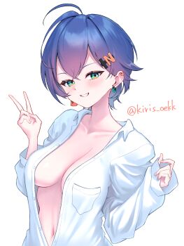 1girl :d ahoge aimo_wotku belle_(zenless_zone_zero) blue_hair blush breasts breasts_apart collarbone collared_shirt commentary_request crossed_bangs double-parted_bangs dress_shirt earclip earrings green_eyes grin hair_between_eyes hands_up highres jewelry large_breasts looking_at_viewer naked_shirt navel open_clothes open_mouth open_shirt oversized_clothes oversized_shirt paid_reward_available shirt short_hair sleeves_past_wrists smile smug solo tsurime twitter_username upper_body v white_shirt wolf_cut zenless_zone_zero