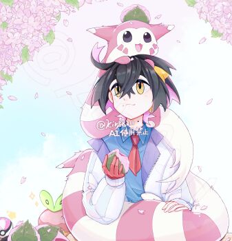 Rule 34 | 1boy, :3, alternate color, apple, applin, black hair, blue shirt, blue sky, cherry blossoms, closed mouth, cloud, cloudy sky, collared shirt, colored inner hair, commentary request, food, food on head, fruit, furret, gen 2 pokemon, gen 8 pokemon, gloves, hairband, highres, holding, holding food, kieran (pokemon), kiri8211, leaf, looking up, love ball, male focus, mochi, mole, mole on neck, multicolored hair, nintendo, object on head, on head, on lap, on shoulder, open mouth, outdoors, pink fur, pink hair, poke ball, pokemon, pokemon (creature), pokemon on head, pokemon on lap, pokemon on shoulder, pokemon sv, red gloves, sakura mochi, school uniform, shiny pokemon, shirt, single glove, sky, striped fur, two-tone hair, uva academy school uniform, wagashi, white fur, worm, yellow eyes, yellow hairband