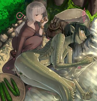 2girls ^^^ anal anal_beads anal_object_insertion bad_id bad_pixiv_id basket blue_eyes blush breasts brown_eyes colored_skin cucumber fish food food_insertion green_hair green_skin grey_hair heart interspecies jajala japanese_clothes kappa kimono licking lying medium_breasts monster_girl multiple_girls object_insertion on_side open_mouth original pointy_ears river saliva sex_toy shell spoken_heart tears tongue tongue_out trembling turtle_shell vaginal vaginal_object_insertion water webbed_hands wide-eyed yuri