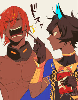 Rule 34 | > <, 2boys, arjuna (fate), arjuna alter (fate), ashwatthama (fate), black gloves, box, brown hair, cheek poking, commentary request, dark-skinned male, dark skin, fate/grand order, fate (series), food, gloves, highres, holding, holding box, horns, kokujin youhei, male focus, multiple boys, open mouth, pocky, pocky box, poking, red hair, short hair, topless male, translation request, upper body