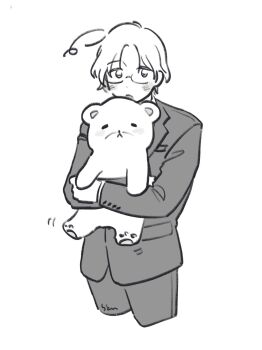 Rule 34 | 1boy, ahoge, animal, animal ears, animal nose, axis powers hetalia, bear, bear ears, blush, breast pocket, buttons, canada (hetalia), cowboy shot, formal clothes, glasses, greyscale, highres, holding, holding animal, hug, jacket, lapels, long sleeves, looking at viewer, male focus, mi aph to, monochrome, open mouth, pants, parted bangs, pet, pocket, polar bear, semi-rimless eyewear, short hair, simple background, standing, suit, suit jacket