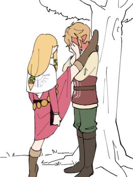 1boy 1girl assertive_female belt blonde_hair blush boots brown_boots capelet couple dress earrings foot_kabedon full_body gold_belt green_pants green_ribbon grey_shirt hair_ribbon hands_on_own_face hetero jewelry kabedon link long_hair long_sleeves low-tied_long_hair nintendo pants pink_dress pointy_ears princess_zelda ribbon seza_game shirt short_hair sidelocks standing the_legend_of_zelda the_legend_of_zelda:_skyward_sword tree under_tree white_background white_capelet