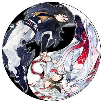 1boy 1girl armlet bare_shoulders black_hair black_jacket black_shoes black_tail bracelet breasts brother_and_sister calx china_dress chinese_clothes closed_mouth dress droopy_ears eye_contact facial_mark forehead_mark hairband hand_on_own_chest hashtag-only_commentary highres interlocked_fingers jacket jewelry leg_tattoo long_hair looking_at_another medium_breasts metal_bracelet outline pants parted_lips pelvic_curtain red_eyes shoes siblings silver_armlet silver_bracelet tail tattoo transformation white_background white_dress white_hair white_hairband white_outline white_pants white_tail ye_shiyuan ye_shunguang yin_yang zenless_zone_zero