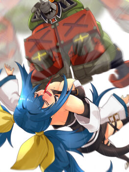 1boy 1girl battle black_dress blood blue_hair breasts commission detached_sleeves dizzy_(guilty_gear) dress guilty_gear highres large_breasts nosebleed potemkin_(guilty_gear) punching tail tuzi717 twintails