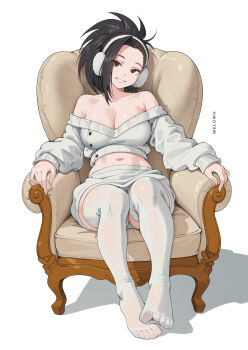 1girl absurdres armchair artist_name bare_shoulders black_eyes black_hair boku_no_hero_academia breasts chair commentary earmuffs english_commentary feet grin highres large_breasts long_sleeves looking_at_viewer melowh midriff navel no_shoes off-shoulder_sweater off_shoulder on_chair plantar_flexion puffy_long_sleeves puffy_sleeves shadow simple_background sitting skirt smile solo sweater thighhighs toes white_background white_skirt white_sweater white_thighhighs yaoyorozu_momo
