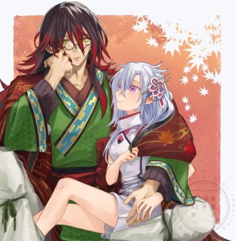 1boy 1girl commentary_request couple glasses gradient_hair green_eyes hair_between_eyes hetero highres japanese_clothes kaguya_(rune_factory) kkkhet_calhack kurama_(rune_factory) long_hair looking_at_viewer multicolored_hair purple_eyes red_hair rune_factory rune_factory:_guardians_of_azuma wide_sleeves