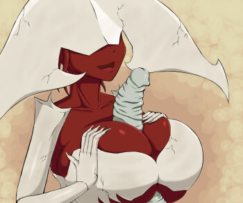 1girl breasts cleavage colored_skin elesh_norn,_grand_cenobite highres magic:_the_gathering monster_girl no_eyes no_humans paizuri penis red_skin solo