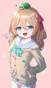 Rule 34 | 1girl, 1other, absurdres, blue eyes, brown hair, cardigan, commentary, cowboy shot, emoji, english text, hair ornament, hair ribbon, hands on own hips, heart, heart hair ornament, highres, long hair, long sleeves, looking at viewer, mayou940114, miniskirt, neuro-sama, open mouth, petite, pocket, ribbon, sailor collar, skirt, sleeves past wrists, speech bubble, sticker, sticker on clothes, sunglasses, sunglasses emoji, turtle, vedal ai, virtual youtuber