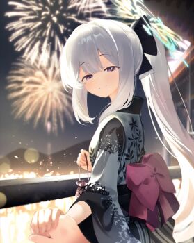 1boy 1girl absurdres aerial_fireworks bag black_eyes black_kimono black_ribbon black_sash blue_archive blue_halo blush commentary english_text fireworks floral_print floral_print_kimono from_side grey_kimono hair_between_eyes hair_ribbon half-closed_eyes halo highres holding holding_another's_wrist holding_bag japanese_clothes kimono long_hair looking_at_viewer meliach miyako_(blue_archive) obi obi_bow out_of_frame ponytail print_kimono ribbon sash sidelocks smile textless_version two-tone_kimono white_hair