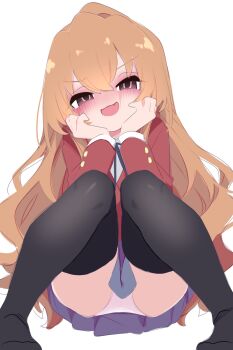 1girl aisaka_taiga black_thighhighs blush brown_hair female_focus highres kukuchi581 loli looking_at_viewer panties school_uniform simple_background skirt smile solo squatting thighhighs toradora! underwear white_background white_panties