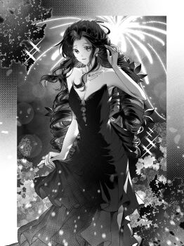 1girl aerith_gainsborough aerith_gainsborough_(red_dress) bare_shoulders bracelet breasts cleavage dress drill_hair earrings final_fantasy final_fantasy_vii final_fantasy_vii_remake fireworks flamenco_dress flower frilled_dress frills greyscale hair_flower hair_ornament hair_ribbon hand_in_own_hair highres jewelry long_dress looking_at_viewer medium_breasts monochrome multiple_necklaces necklace official_alternate_costume parted_bangs parted_lips ponytail qjiqiehuang ribbon side_slit sidelocks solo sparkle star_(symbol) star_earrings star_necklace strapless strapless_dress