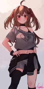 Rule 34 | 1girl, absurdres, ahoge, asymmetrical legwear, black camisole, black socks, black thighhighs, breasts, broken heart, broken heart hair ornament, brown hair, camisole, cardigan, cardigan around waist, closed mouth, clothes around waist, commentary, cowboy shot, evil neuro-sama, grey shirt, grey shorts, hair between eyes, hair ribbon, hand on own hip, heart, highres, light blush, long hair, looking at viewer, medium breasts, navel, neuro-sama, red eyes, red ribbon, ribbon, ruciel, shirt, short sleeves, shorts, single sock, single thighhigh, smile, socks, solo, thighhighs, two side up, uneven legwear, vedal ai, virtual youtuber